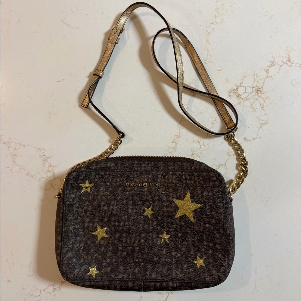 Michael Kors Brown Signature Crossbody with Gold Star Accents